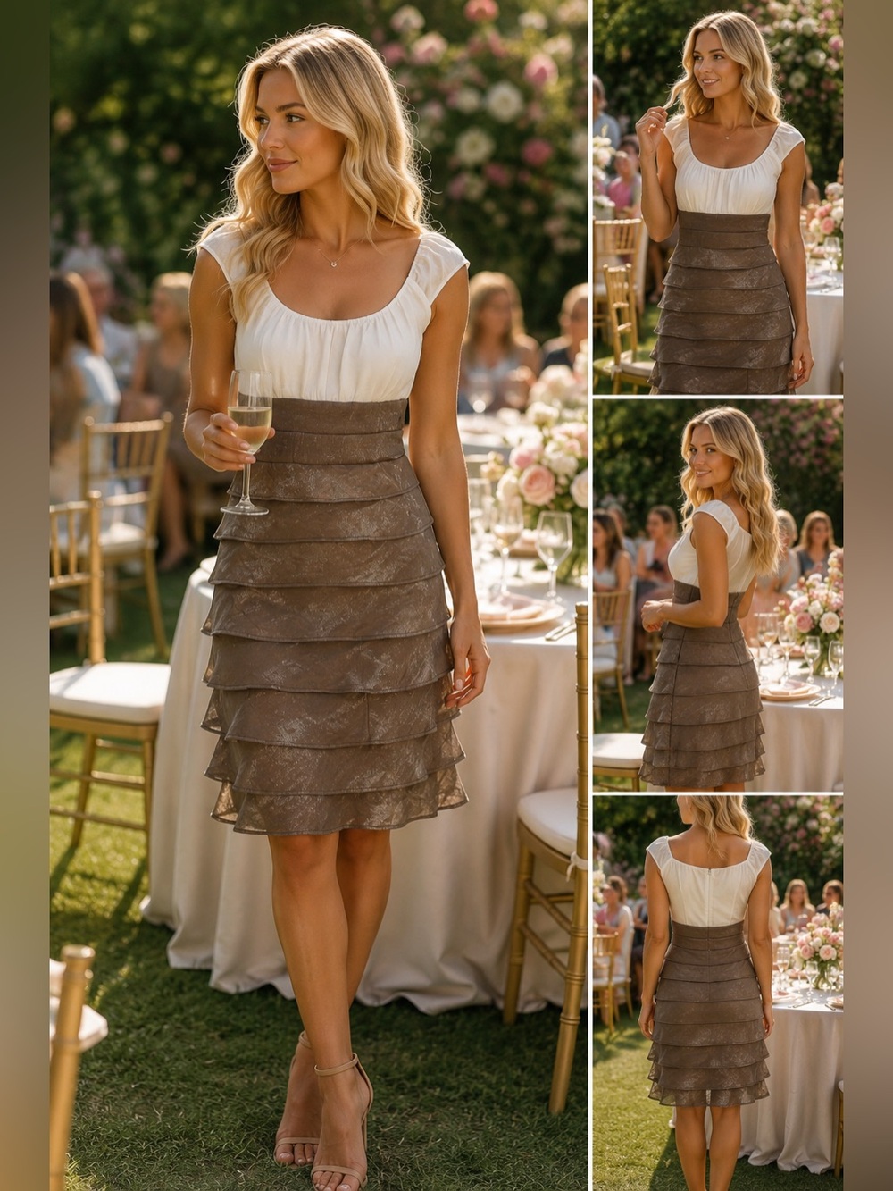 London Times Tiered Ruffle Cocktail Dress 12 L Taupe Ivory Wedding Guest Classic